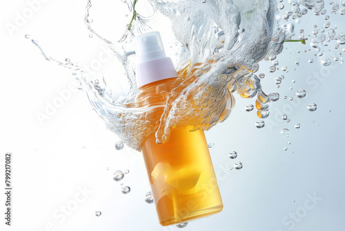 A beauty cosmetic bottle dropping into water. face or body serum product mock up photo