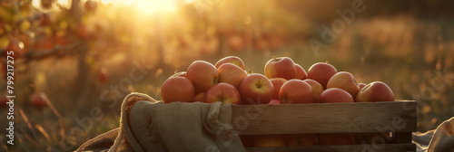 This evocative image captures the rich warm tones of golden hour sunlight as it illuminates a bountiful wooden crate of apples photo
