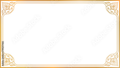 Gold luxury rectangle subtle shiny vintage frame with reflection, horizontal golden border decoration frame in oriental style