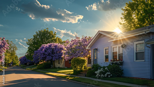 A lovely lilac house with siding, enhancing the suburban street with its playful charm, under the glow of the sun.