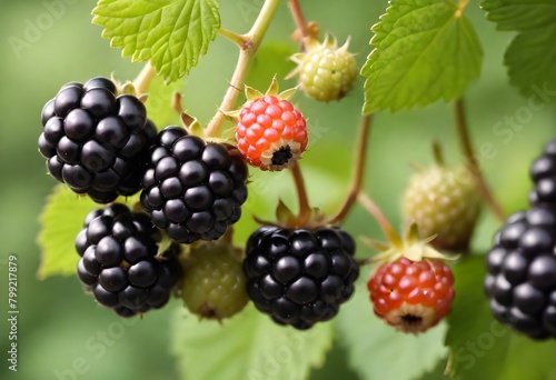 Ripe blackberries growing on a vine with green leaves in the background
