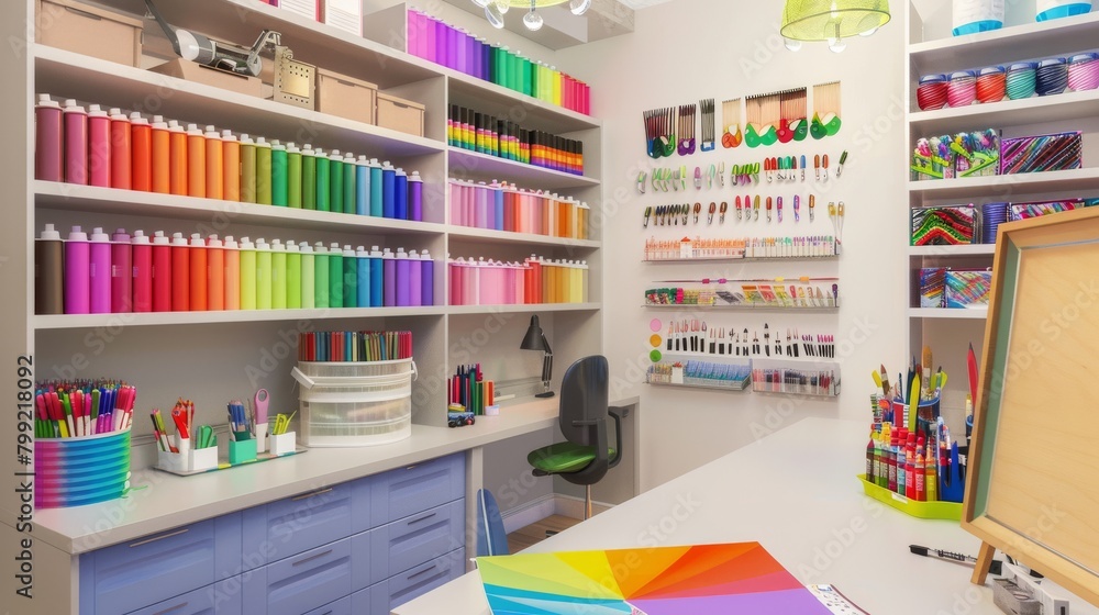 Bright and organized craft room with colorful supplies and spacious storage solutions