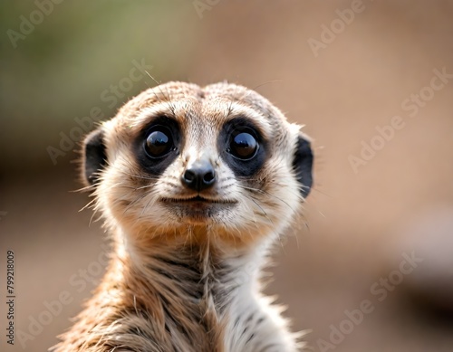 A close-up portrait of a curious meerkat with large eyes and a furry face, set against a blurred natural background