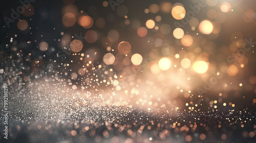 Cool Platinum Bokeh Lights and Sparkling Dust on Abstract Background, Realistic High-Definition Shot