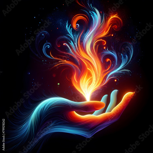 Futuristic abstract image, in a woman's palm is a burning fire, this symbolises purification and renewal. The concept of spiritual or emotional liberation, getting rid of negative emotions.