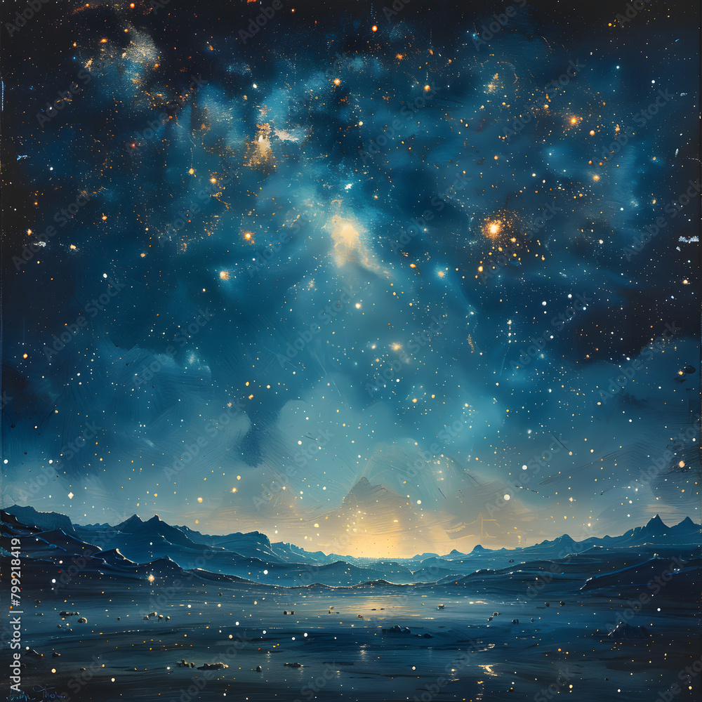 Cosmic Dreamscape: Starry Night Sky Illustration on Vintage Canvas