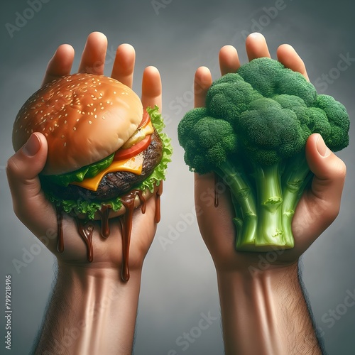 Illustration IA generated showing two hands holding a grease-dripping hamburger and a bunch of broccoli