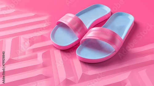 Casual blue sandals on a textured pink surface photo