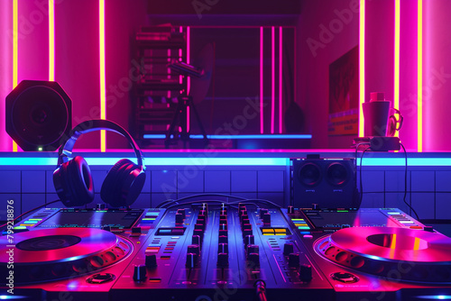 A neon-lit DJ booth with headphones and a mixer, without anyone in the frame. photo