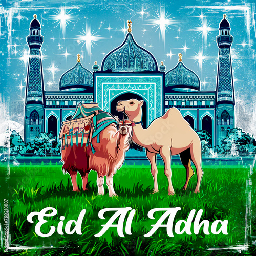 A Suitable Eidal Adha Background Design, Eid al Adha Mubarak Festival Islamic background a picture of a camels and a mosque photo