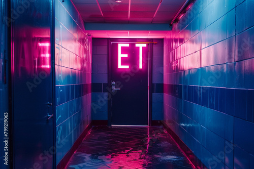 A neon exit sign glowing in a dark hallway.