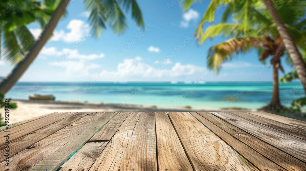 View of a peaceful tropical beach from a weathered wooden deck surrounded by palm trees