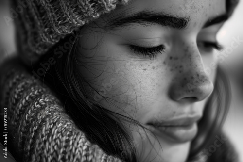 Close-up, black and white photo of a young woman's contemplative expression, wrapped in warm knitwear. AI Generated