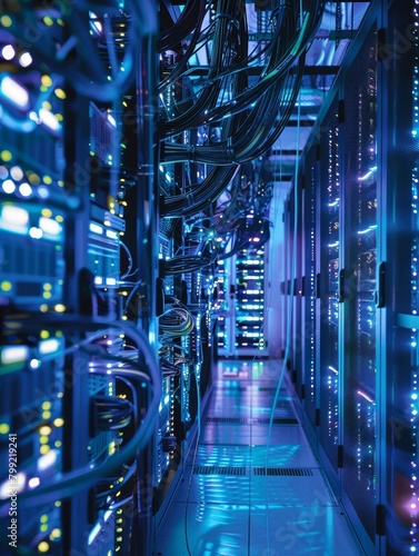 busy data centerrows of servers emitting digital blue light