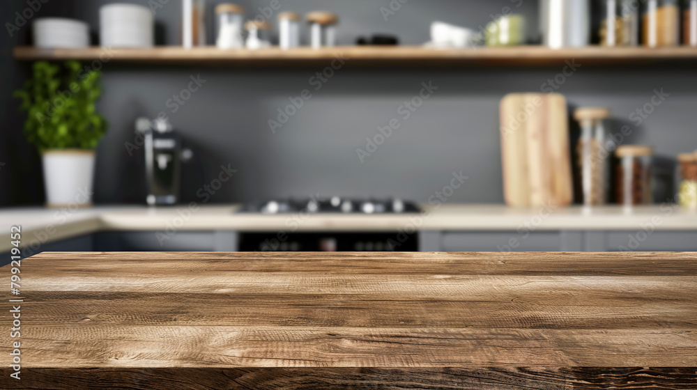 Wooden light empty countertop against the background of a modern gray kitchen with open shelves and accessories in the interior. Scene showcase template for promotional items, banner