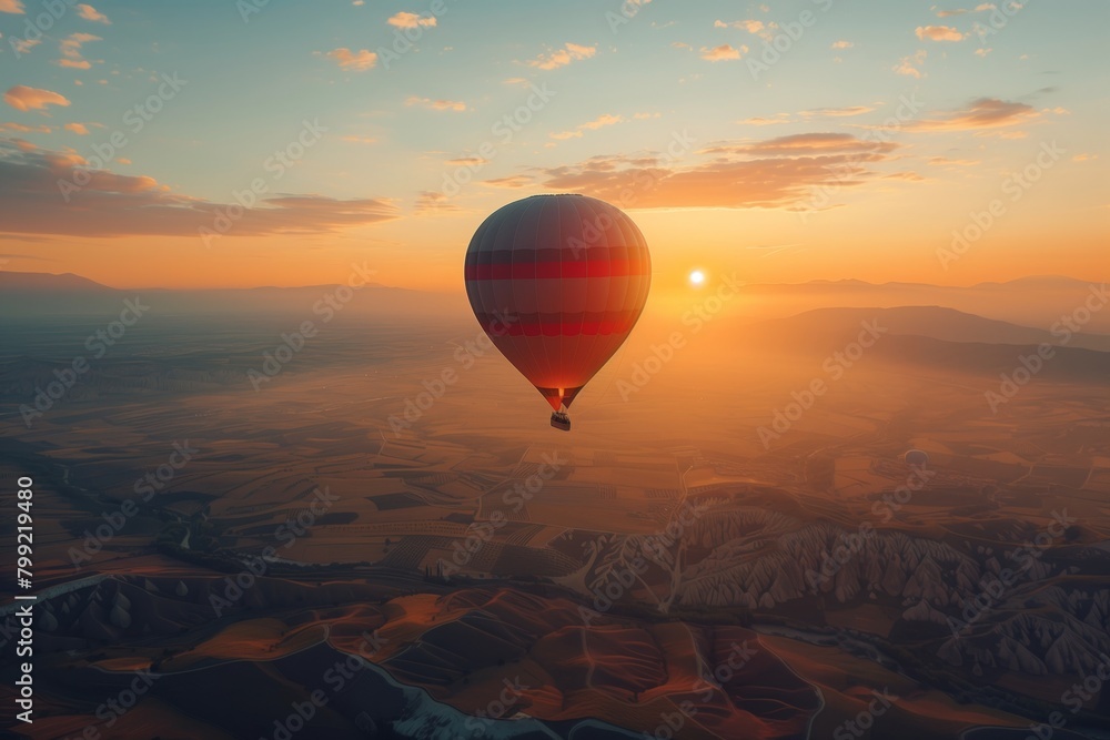 A breathtaking view of a hot air balloon soaring over the unique terrain of Cappadocia at sunset. AI Generated