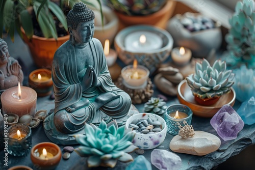 Serene Buddha statue surrounded by succulents, candles, and healing stones promoting mindfulness and peace. AI Generated