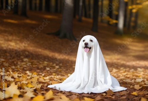 A white dog dressed up as a ghost sitting on a forest floor with fallen leaves