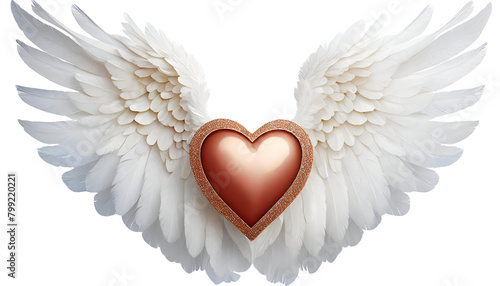 Realistic heart with white angel wings
