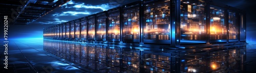 A dark and moody data center with blue lights and a glowing orange circuit board.