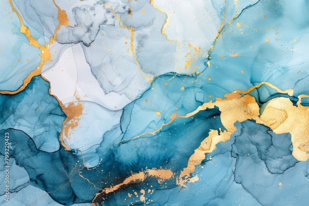 Naklejka premium Colors of summer. Abstract texture july or august summer banner. Abstract dusty gold liquid watercolor background with sea blue cracks. Pastel golden marble alcohol ink drawing effect.