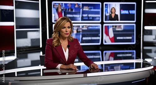 Woman news anchor on the TV set. photo