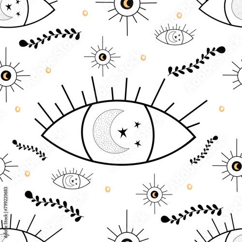 Magical tarot eye pattern with moon and stars in eyeball on white isolated background. Minimalistic, strict lines of esoteric symbol in vector doodle style. For wallpaper, wrapping paper, tarot decor.