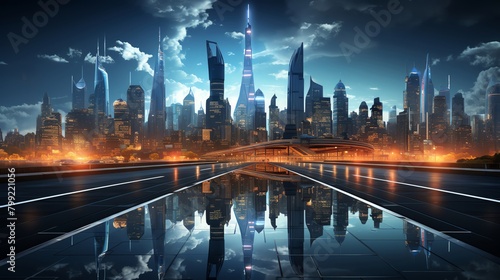 A wide shot of a futuristic city at night. The city is full of skyscrapers and the roads are empty. The sky is dark and cloudy.