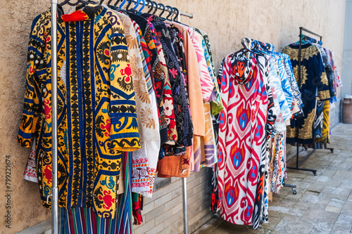 arab silk dresses with colorful pattern in oriental street bazaar in Turkey in Istanbul
