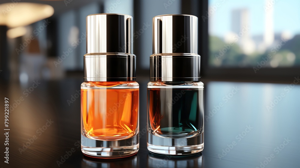 3d render of two perfume bottles on a glass table with a blurry background 3d render of two perfume bottles on a glass table with a blurry background