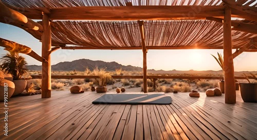 Yoga mats at a viewpoint with a beautiful landscape in the desert. photo