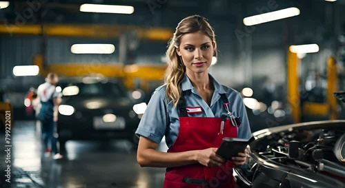 Mechanic woman in the car workshop. photo