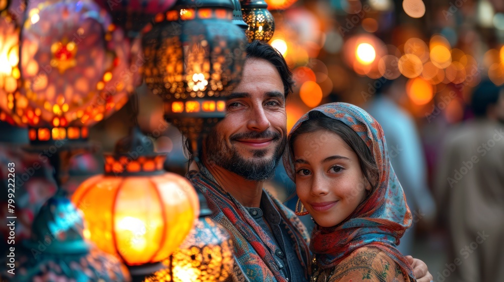 Ai Generative photo of a happy muslim family with ramadan lanterns in streets Ai Generative photo of a happy muslim family with ramadan lanterns in streets