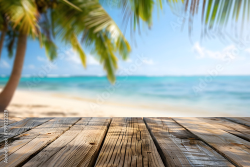 Abstract wooden table top with blurred tropical beach background for product display presentation and summer vacation concept, hd, taken in the style of Canon EOS, realistic photography. Generated AI photo