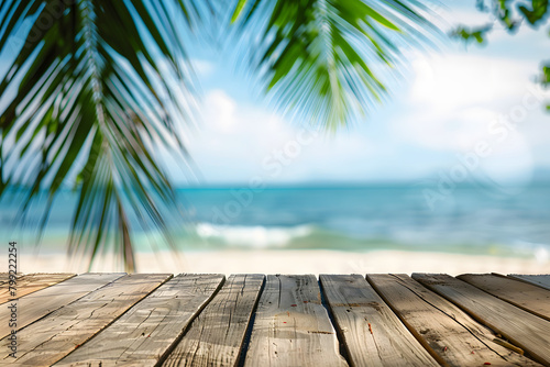 Abstract wooden table top with blurred tropical beach background for product display presentation and summer vacation concept, hd, taken in the style of Canon EOS, realistic photography. Generated AI