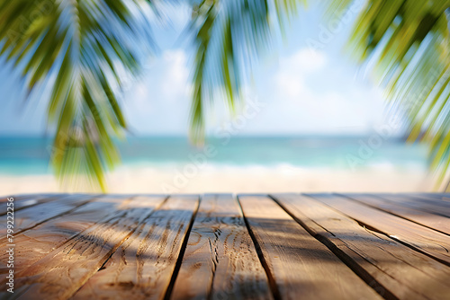 Abstract wooden table top with blurred tropical beach background for product display presentation and summer vacation concept  hd  taken in the style of Canon EOS  realistic photography. Generated AI