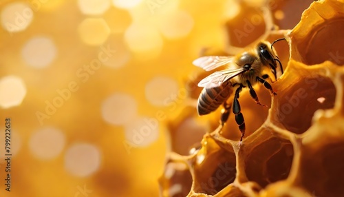 a honeycomb with a bee on it, surrounded by a warm, background with bokeh effect