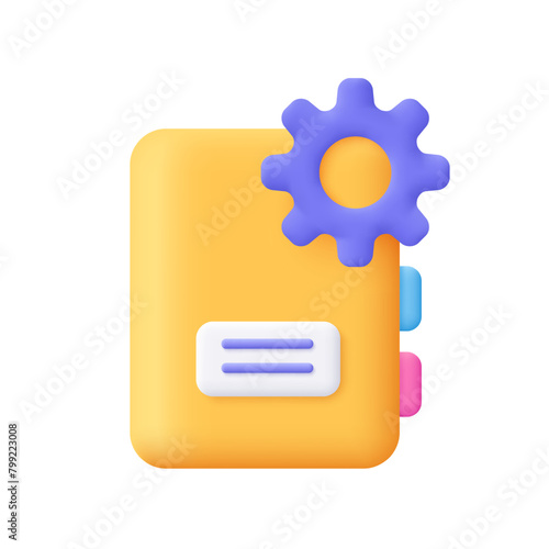 Book with cog gear wheel. Rules guideline or user manual book. Settings, instruction and support concept. 3d vector icon. Cartoon minimal style.