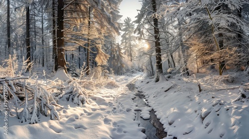 A snowy forest with a stream running through it. The sunlight is shining through the trees, creating a peaceful and serene atmosphere