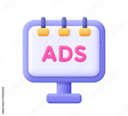Advertising billboard with ads letter. Advertisement, marketing and promotion. 3d vector icon. Cartoon minimal style.