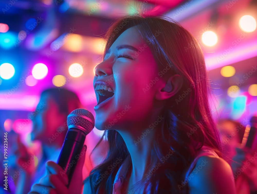 A woman singing into a microphone in a club. The lights are bright and colorful, creating a fun and energetic atmosphere A woman singing into a microphone in a club. The lights are bright and colorful, creating a fun and energetic atmosphere