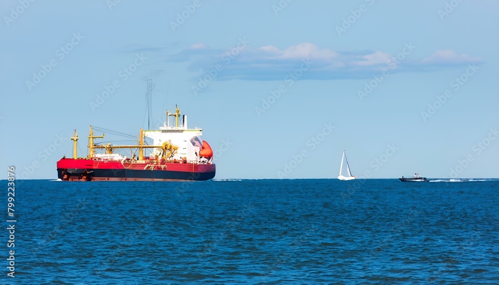 ship in the port,A large red cargo ship is on the water with a blue sky and sailboats in the distance.
