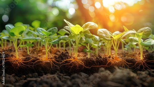 Plant growth stages from seed germination to sapling development in soil. Concept Seed Germination, Root Growth, Stem Formation, Leaf Expansion, Sapling Development