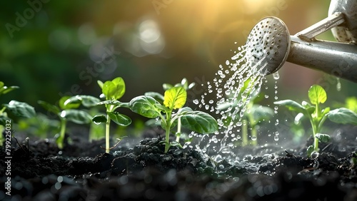 Nurturing a green sprout at sunset on fertile soil. Concept Plant growth, Sunset lighting, Soil fertility, Outdoor gardening, Green sprout nurturing