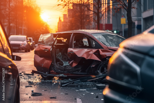 Severe vehicle collision on urban road at sunset, with extensive damage indicating the importance of traffic safety and insurance.
