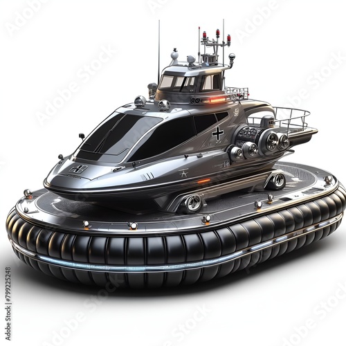 A hovercraft parked on a white surface photo