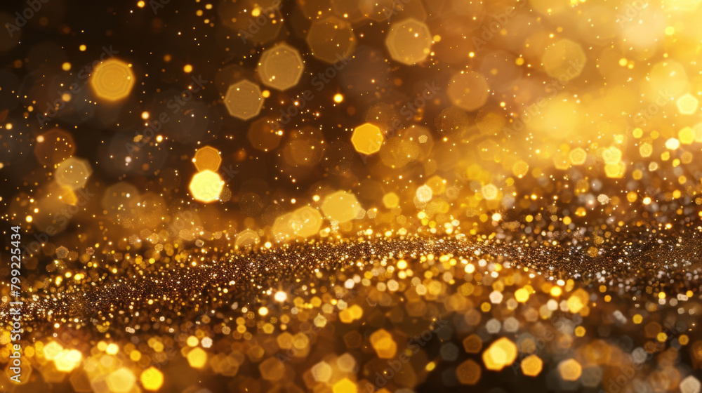 Golden bokeh lights with shimmering glitter effect on abstract background