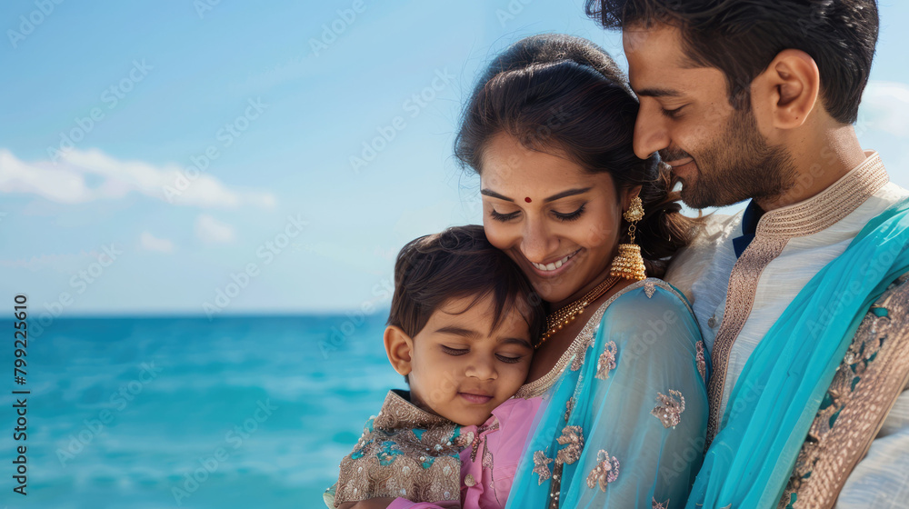 Happy Indian family on the background of the sea with copyspace Happy Indian family on the background of the sea with copyspace