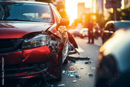 City traffic accident scene at sunset, highlighting red car with significant front-end damage, emphasizing the need for road safety and insurance.