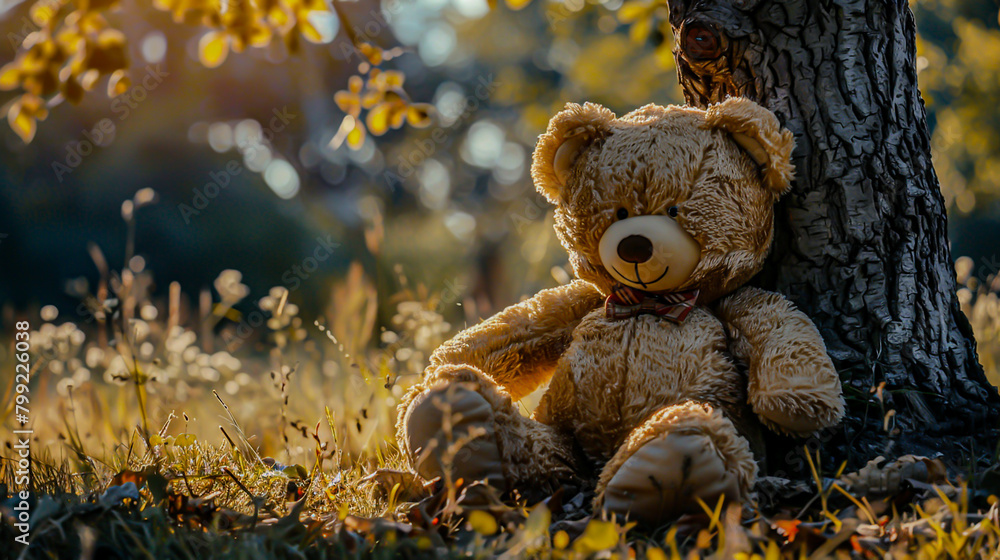 Cuddly teddy bear with playful patches and intricate plush stitches, sitting under a tree, symbolizing comfort and play Cuddly teddy bear with playful patches and intricate plush stitches, sitting under a tree, symbolizing comfort and play